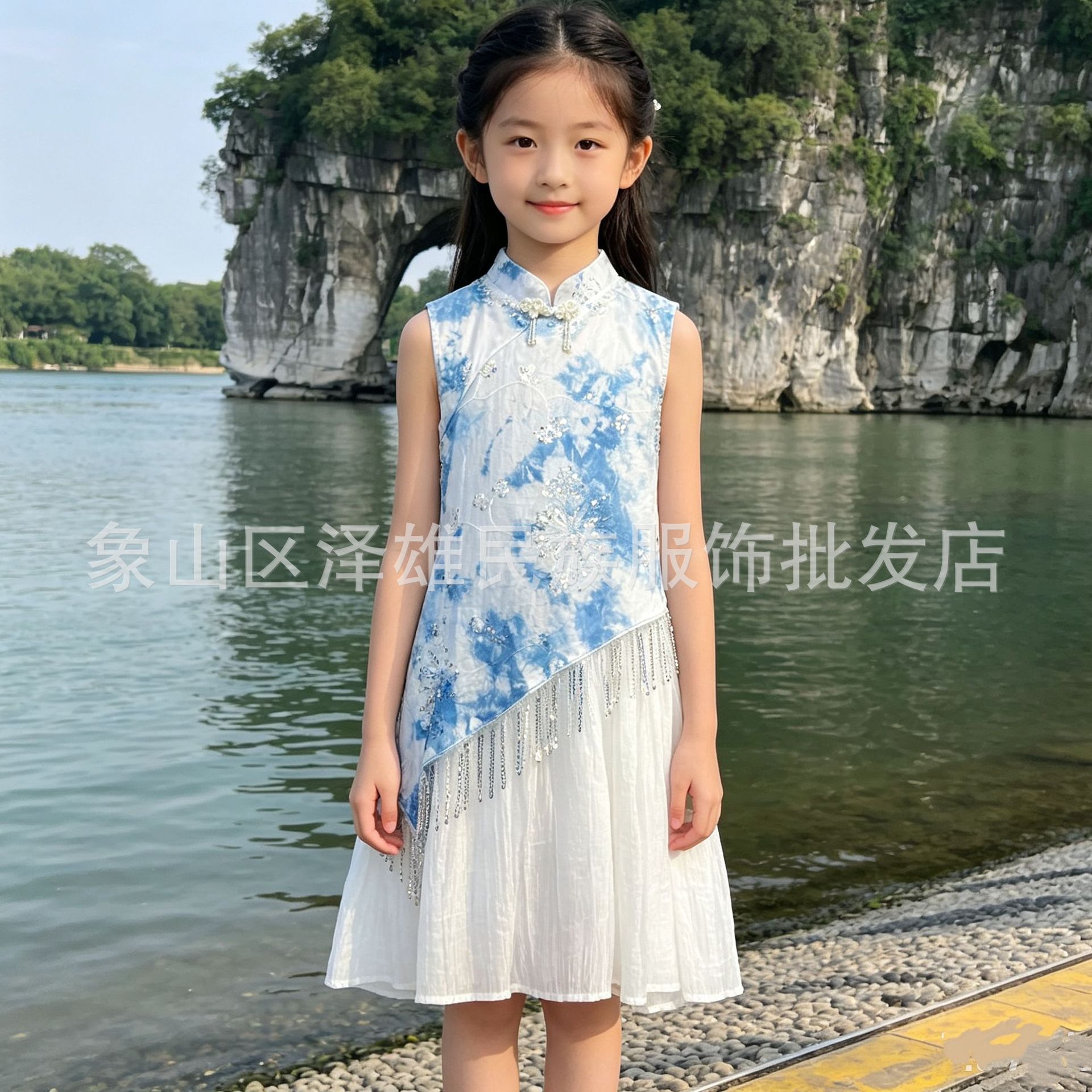 Tie-dye sequined cheongsam with white bottom