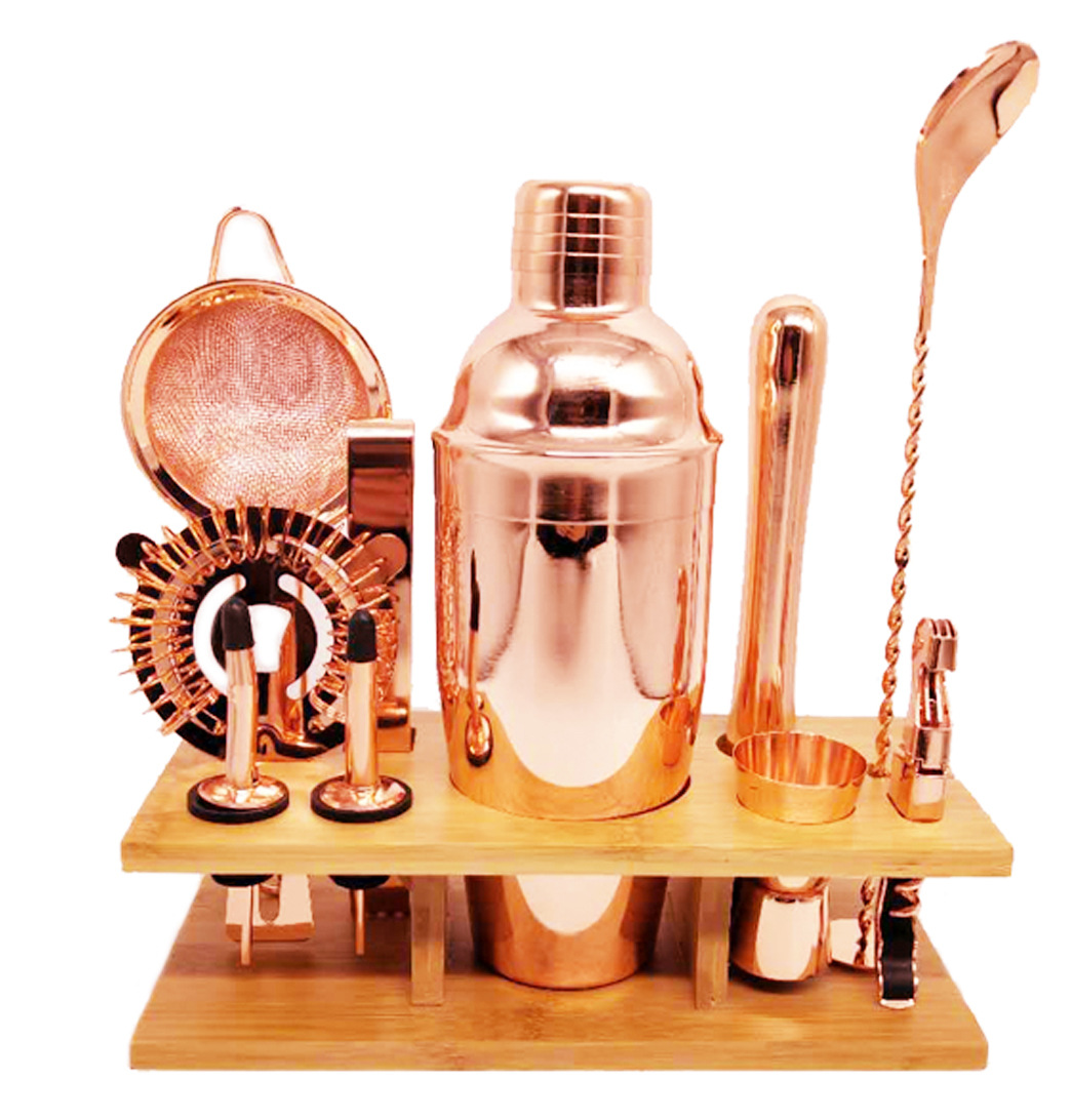 Set de coctelera de acero inoxidable con estante de madera, 11 piezas, color oro rosa, suministro en stock.
