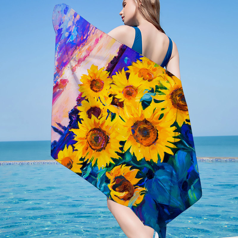 Cross-Border Microfiber Square Beach Towel Material Square Towel 3D Digital Printed Sunflower Beach Towel