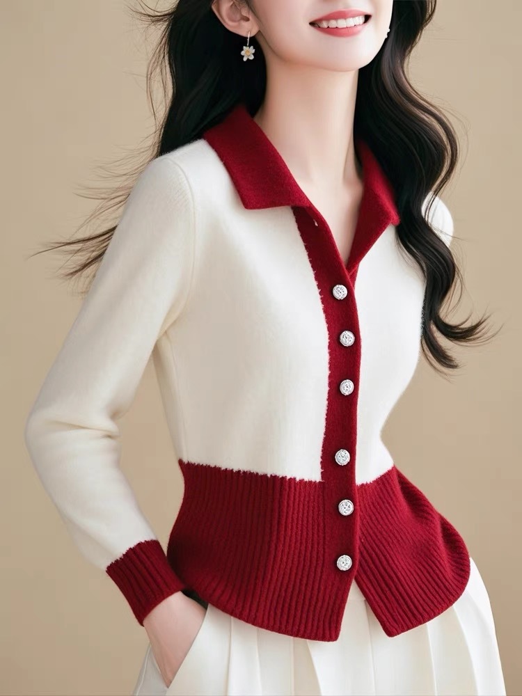 Áo len cardigan nữ cổ V dệt kim tay dài phối màu ôm dáng — Đánh vần màu đỏ và trắng