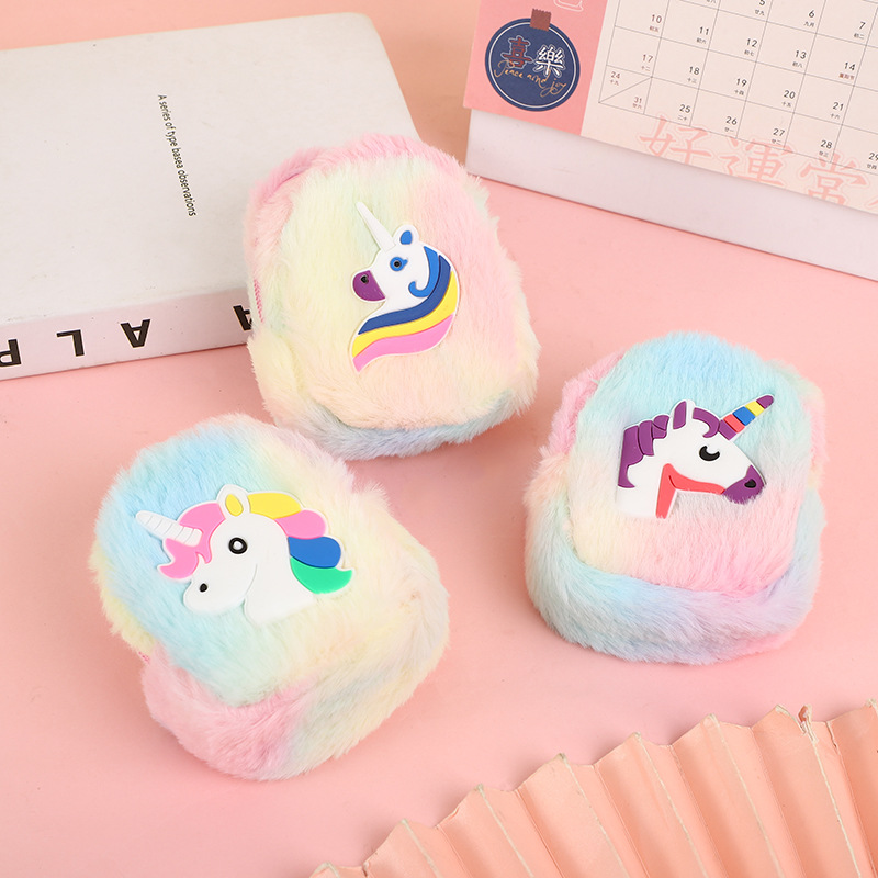 Chica corazón lindo unicornio felpa moneda monedero estudiante portátil auricular moneda multifuncional almacenamiento clave caso