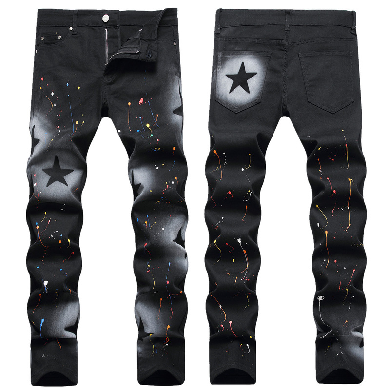 In-Stock Foreign Trade Supply of New Men's Black Jeans, Trendy and Unique with Paint-Splattered Design, Slim-Fit, Stretchy, Mid-Waist Pants