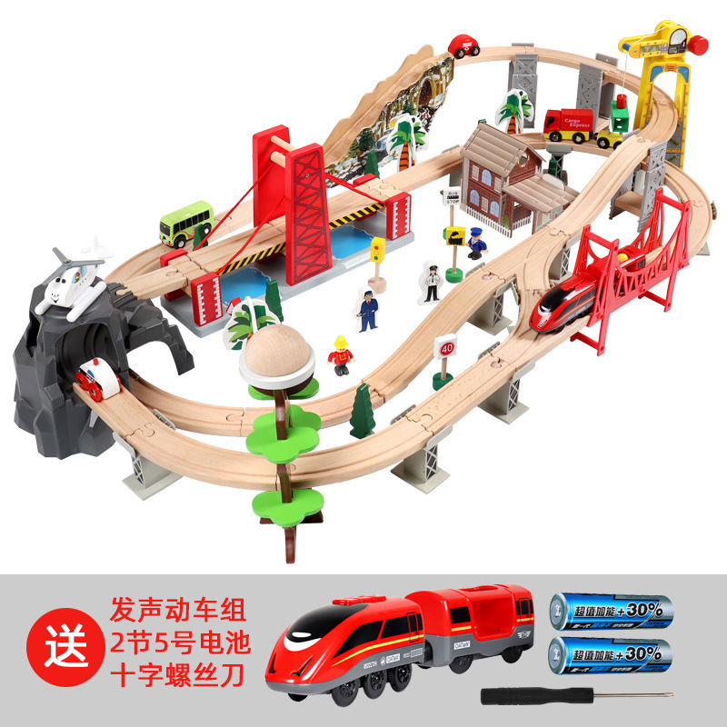 Nuevo estilo 100 piezas de lujo de madera juego de riel eléctrico serie tren riel niños juguetes de montaje de bricolaje al por mayor