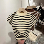 半高领条纹羊毛针织衫飞飞袖修身上衣小衫女2025春夏装短袖打底衫