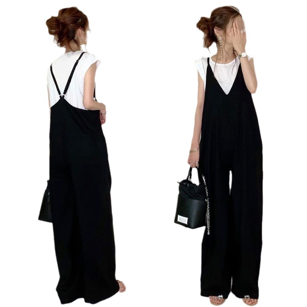 Mono de comercio exterior transfronterizo 2024 verano nuevo estilo tirantes de mujer japonesa pantalones anchos sueltos casuales de color sólido