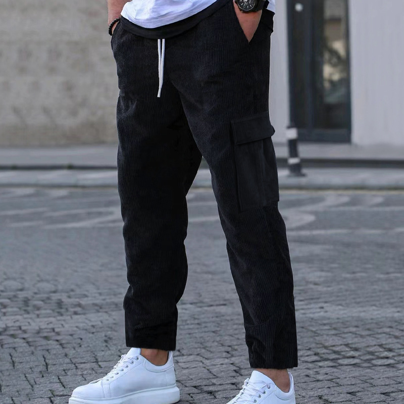 Men's New Corduroy Pants Solid Color Sports Pants Loose Straight Multi Pocket Casual Pants_voghion.com