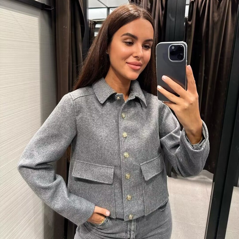 Cross-Border Women's Fashion 2026 Spring and Autumn New European and American Style Lapel Pocket Decoration Single-Breasted Jacket Coat for Women 304603 Cross-Border Women's Fashion 2026 Spring and Autumn New European and American Style Lapel Pocket Decoration Single-Breasted Jacket Coat for Women 304603