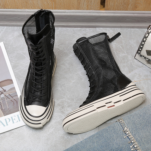 Genuine Leather Mid-Calf Martin Boots Women's  New Summer Thin Cool Boots Women's Shoes Breathable Boots Platform Hollowed-out Mesh Boots