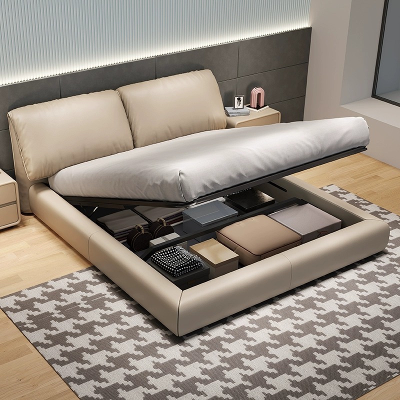 Cama de cuero de elefante de estilo minimalista italiano, cama principal moderna, paquete blando, 1.8 cama doble, marco de cama de madera maciza
