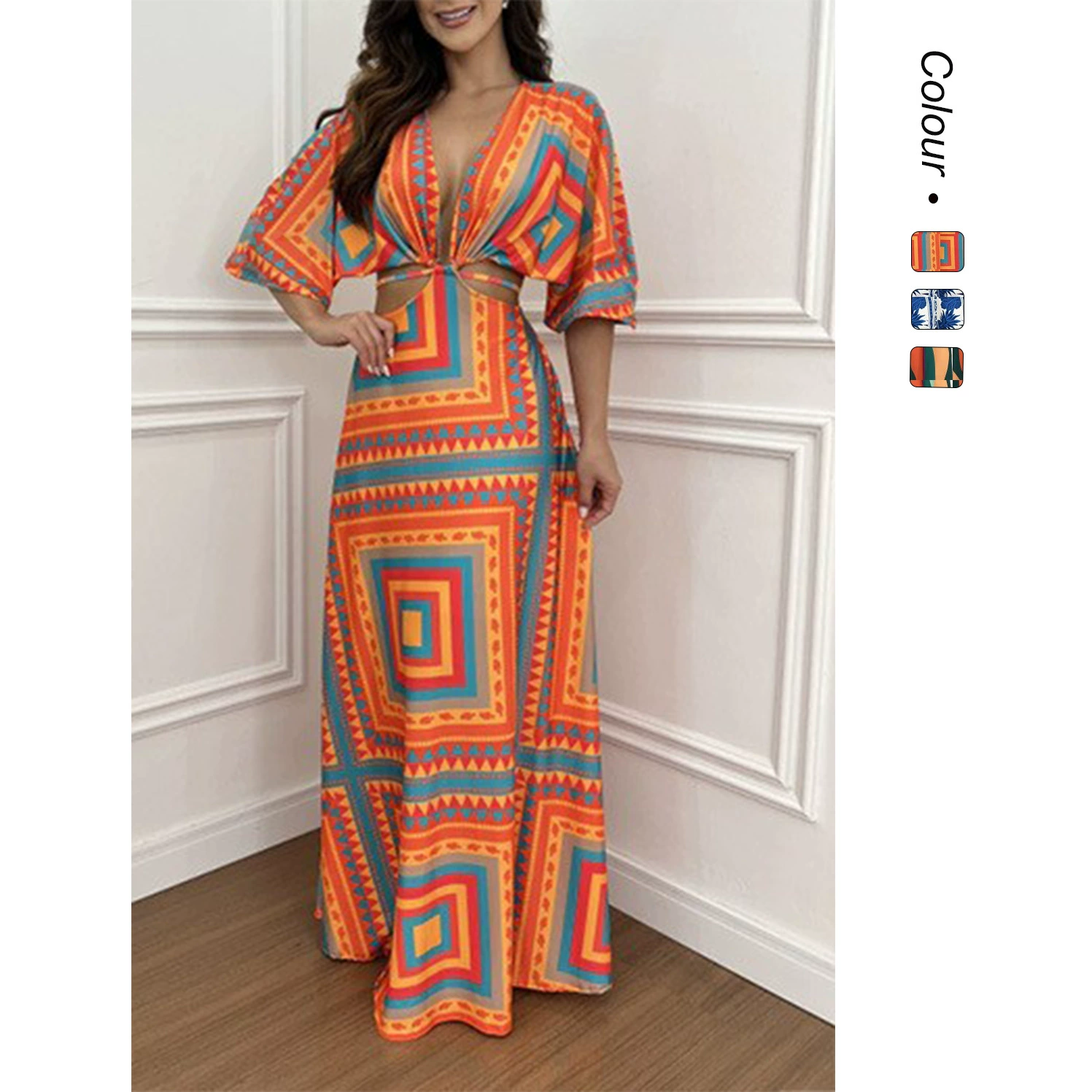 Трансграничный независимый сайт: 25 лет опыта в производстве женской одежды в юго-восточном азиатском стиле. Длинное платье с цветными блоками, рукавами «летучая мышь» до локтя, с завязками на талии, модель 88173.