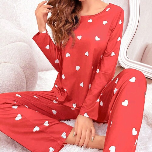 Women's pajamas, love printed round collar, long-sleeved trousers, autumn and winter suit, milk silk fabric