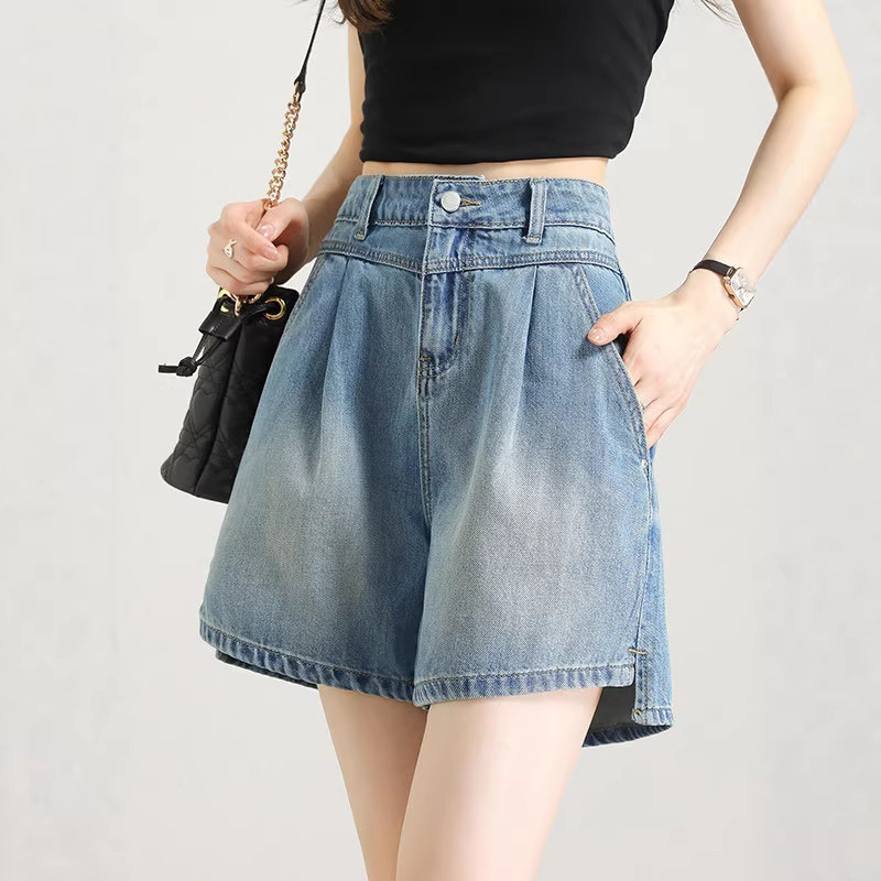 Vintage Split Denim Shorts for Women, 2026 Summer New High-Waisted A-Line Loose Wide-Leg Irregular Thin Hot Pants Vintage Split Denim Shorts for Women, 2026 Summer New High-Waisted A-Line Loose Wide-Leg Irregular Thin Hot Pants