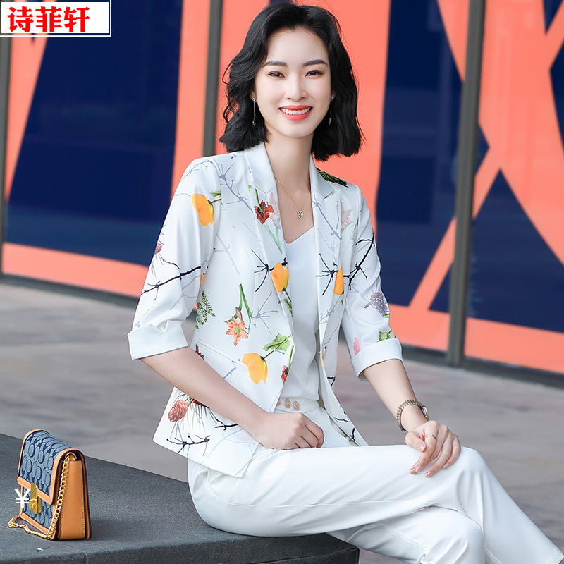 感印花休閑西裝外套女小個子春夏季新款七分袖中袖西服