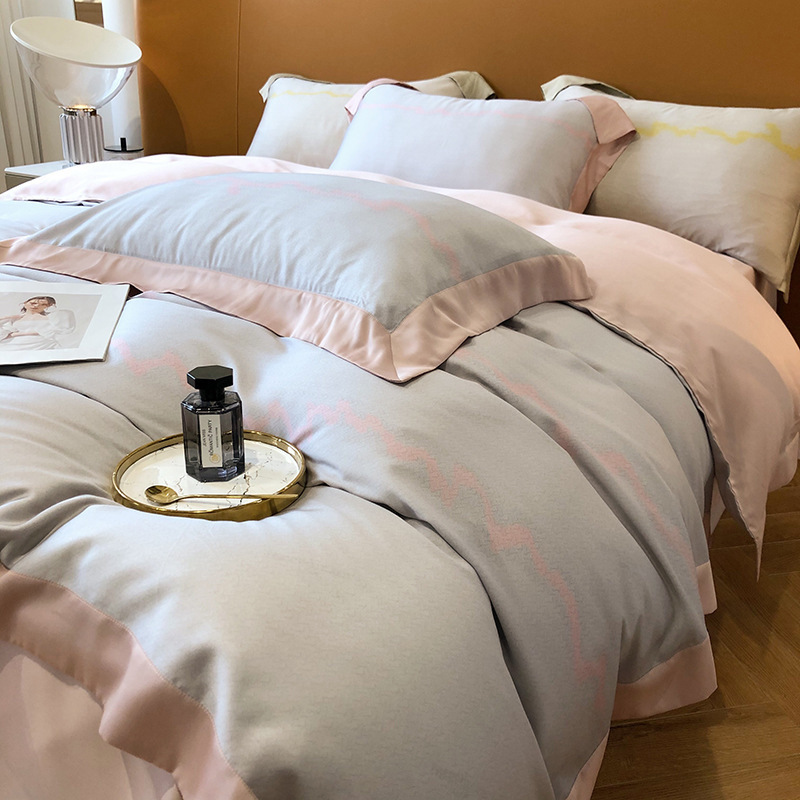 美式轻奢风仙女粉色肌理印花80S天丝四件套夏季凉感冰丝床单被套-阿里巴巴