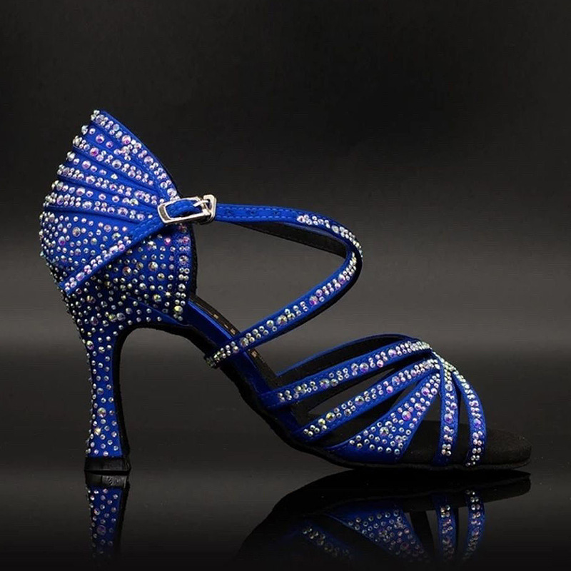  Royal blue Diamond Inlaid Latin Dance Shoes Professional Soft Sole Ball Party Dance Shoes Lace Diamond felsh color waltz tango Performance Dance Shoes