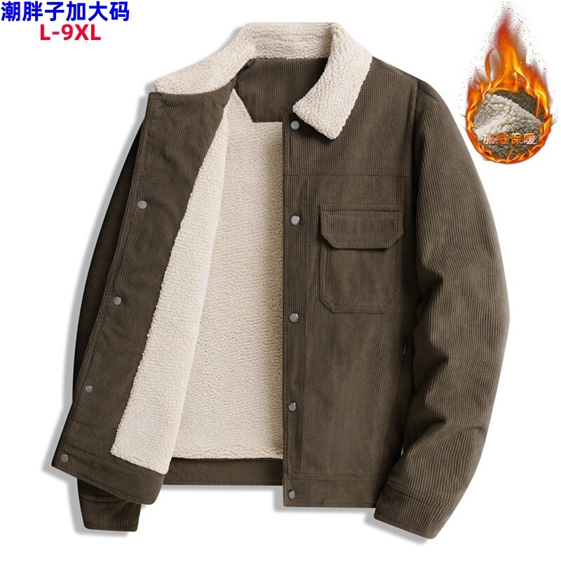 L-9XL Corduroy Men's Coat plus size Autumn and Winter fleece-lined Thick Top Lambskin Warm Casual Jacket