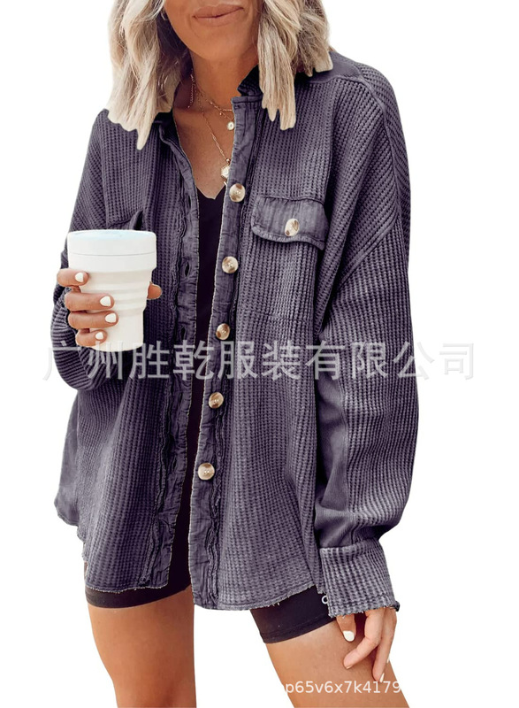 2025欧美跨境外贸秋冬拼接针织开衫外套女时尚休闲小立领口袋华夫|undefined