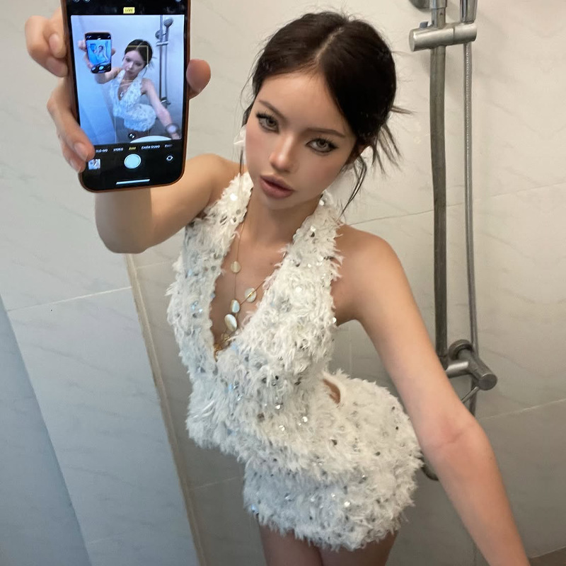 Amazon Women's Clothing 2025 Winter New Nightclub Fashion Sequined Plush Sexy Halter Vest and Bodycon Skirt Set