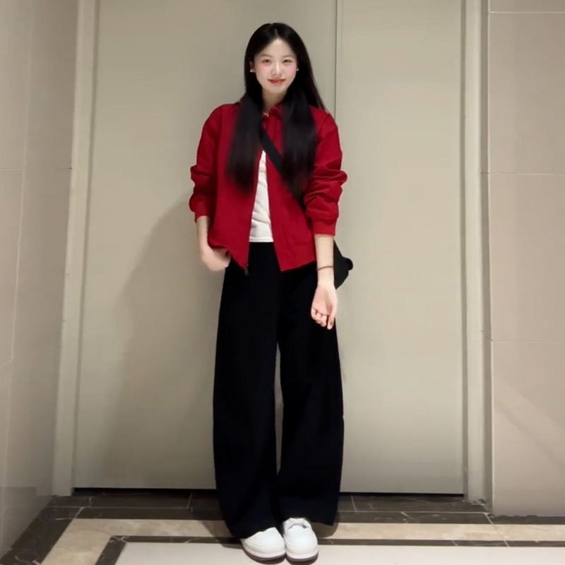 早秋复古红色翻领薄款夹克外套女秋季2025新款爆款棒球服短款上衣|undefined