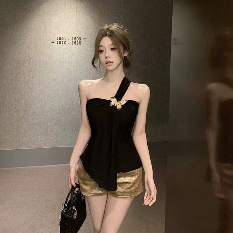 Pure Desire сексуальный топ-труба на одно плечо с бабочкой, женский летний тонкий дизайн, короткий черный топ с открытой спиной для верхней одежды