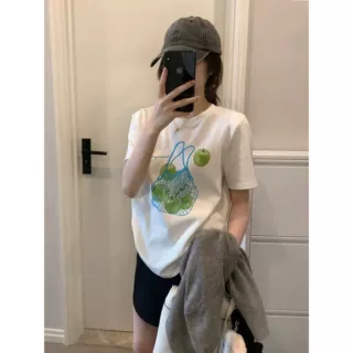 韩系青苹果印花T恤女夏季宽松打底衫舒适纯棉内搭上衣松弛感短袖