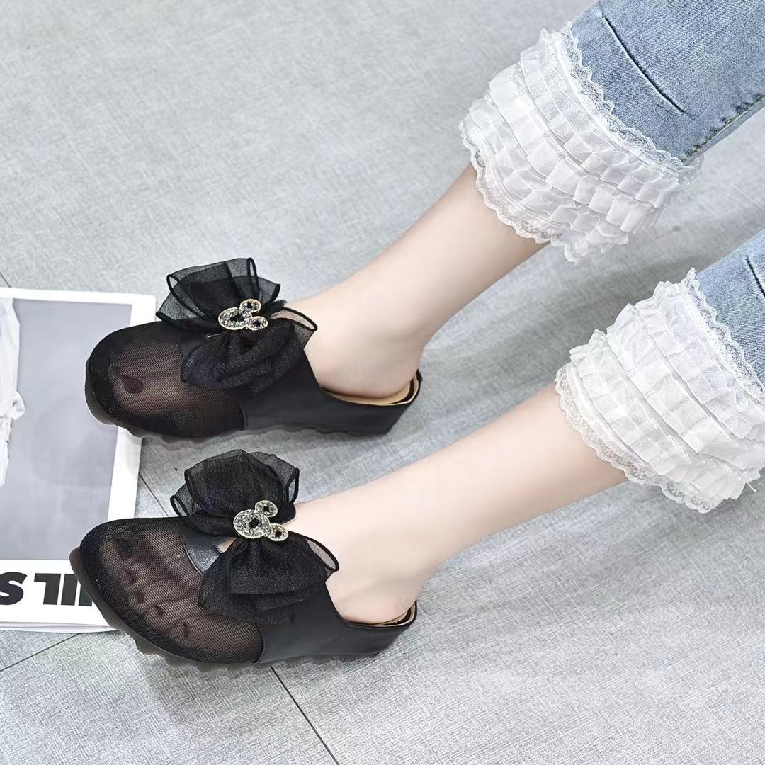 Giày lười nữ mũi vuông da thật phối lưới thoáng khí, đế nâng nhẹ — Màu đen