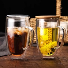 批发蛋形双层玻璃杯带把带竹盖隔热双层咖啡杯冷饮牛奶果汁水杯