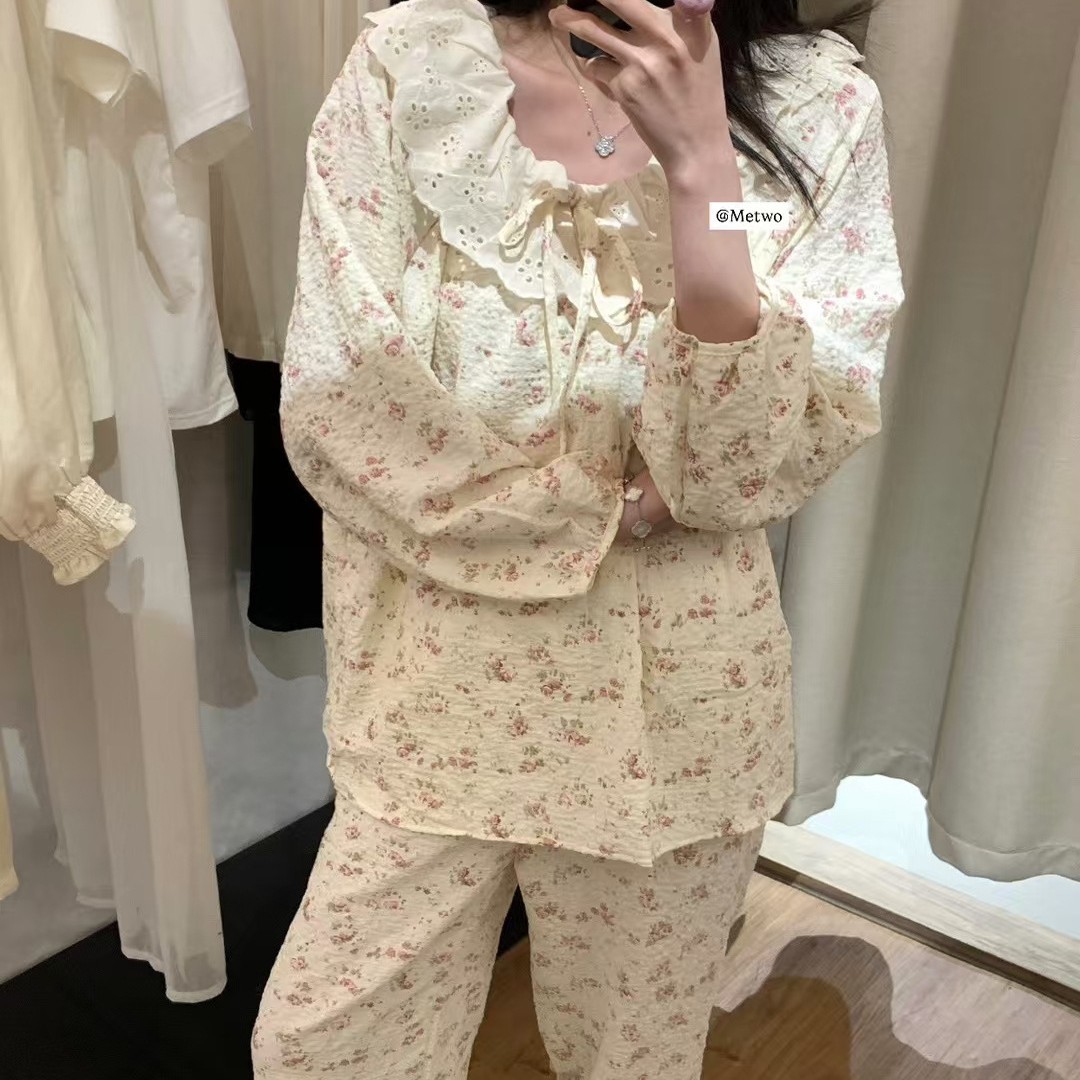 Metwo Early Autumn New Floral French Lace Home Wear Women's Cloud Cotton Long-Sleeved Doll Collar Pajamas Three-Piece Set
