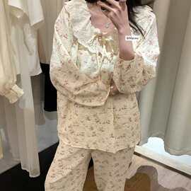 METWO 早秋新款碎花法式蕾丝家居服女云朵棉长袖娃娃领睡衣三件套