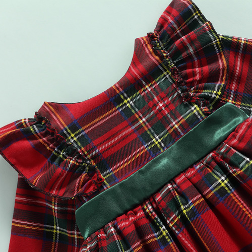 New Style Children's Clothing for Girls, Checkered Long-Sleeved Dress, Christmas Big Bowknot Netting Princess Dress 