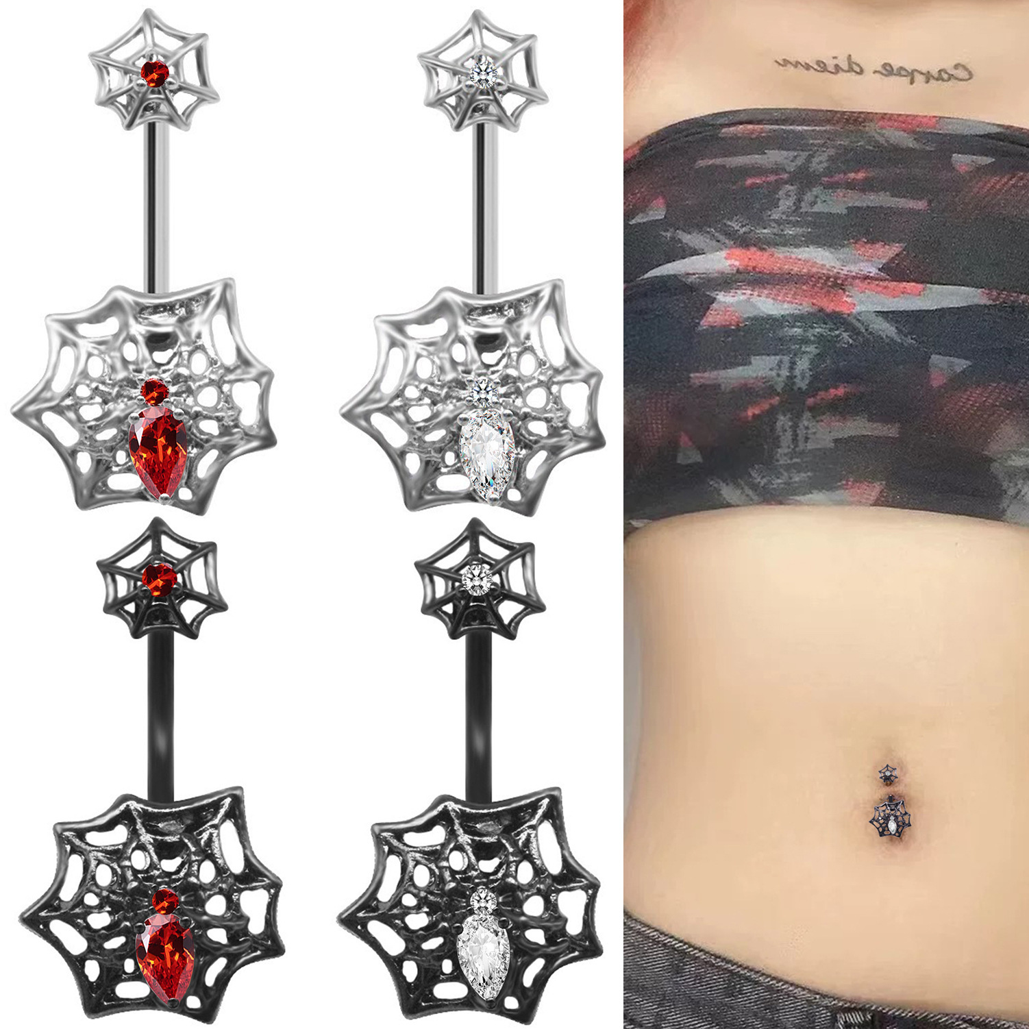 Spider Web Navel Piercing With Zircon For Halloween Style_voghion.com