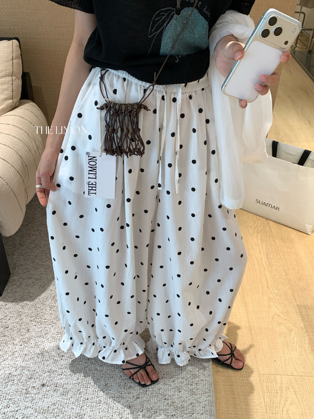 Quần culottes nữ ống rộng chấm bi phong cách vintage, cạp chun, dáng suông rộng thoải mái — màu đen, Màu bí ngô, màu trắng, màu xám chi tiết 21
