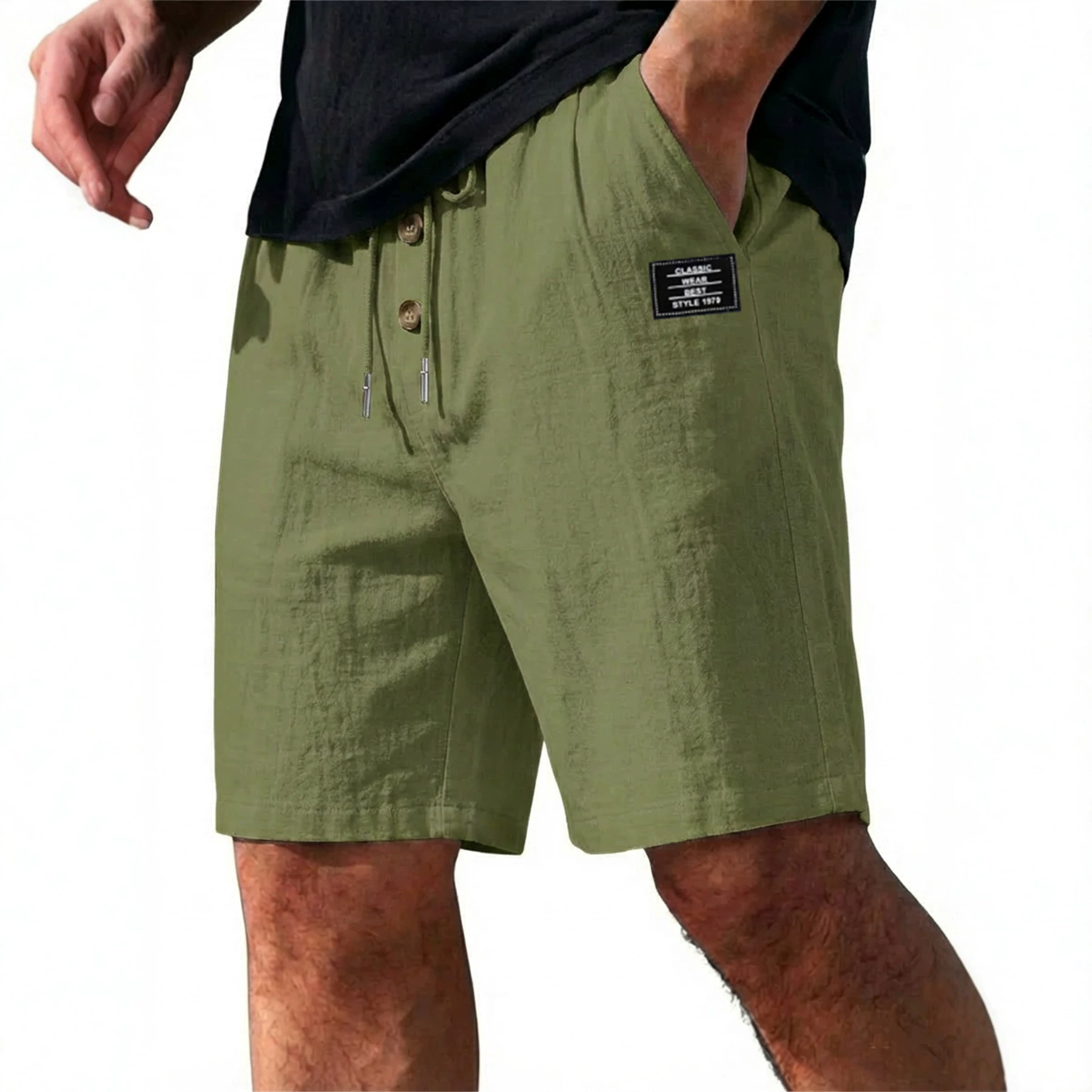 Men's Summer Cotton Linen Blend Loose Fit Solid Color Casual Shorts Trendy Sports plus Size mid Waist Beach Wear_viptrois.com