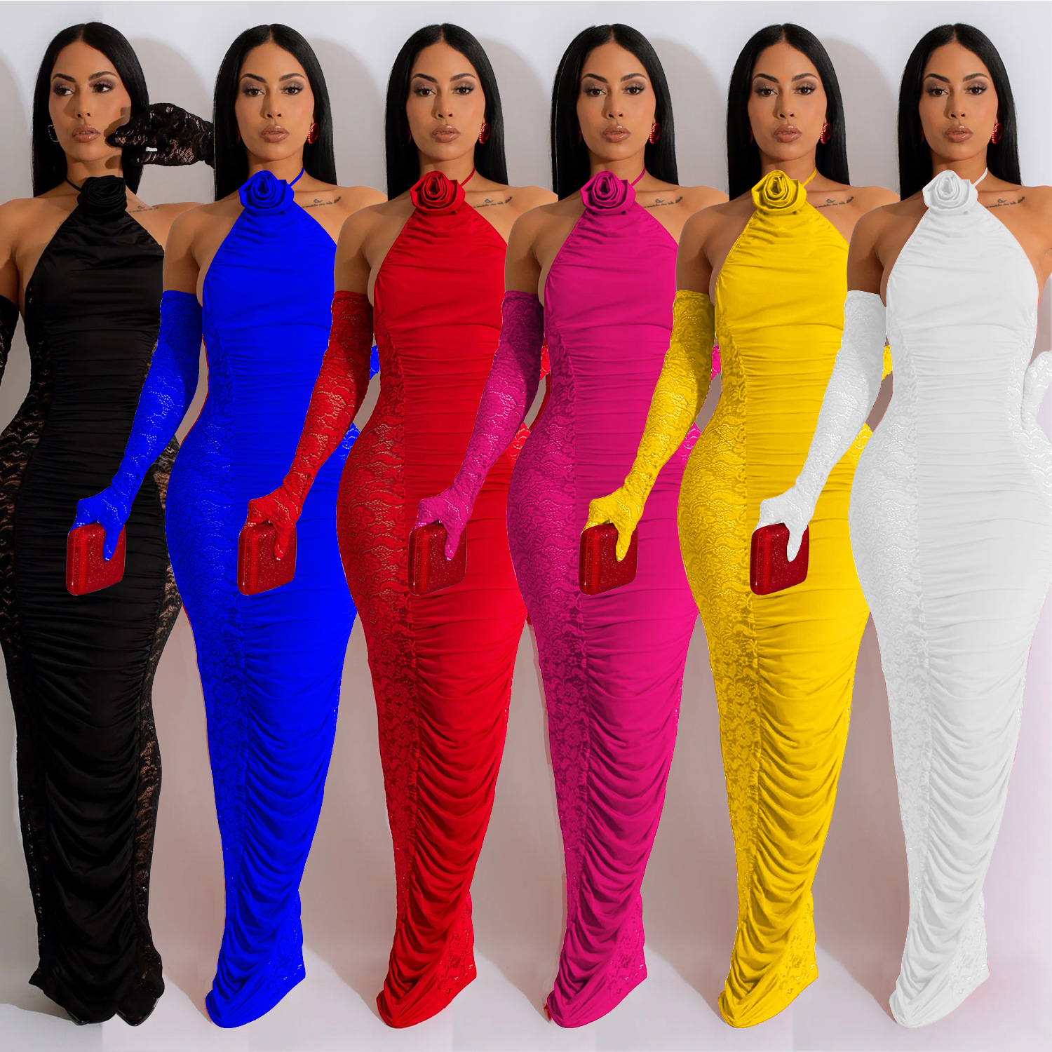 X6379 AliExpress Amazon moda europea y americana de las mujeres color sólido guantes largos vestido encaje hueco vestido image 1