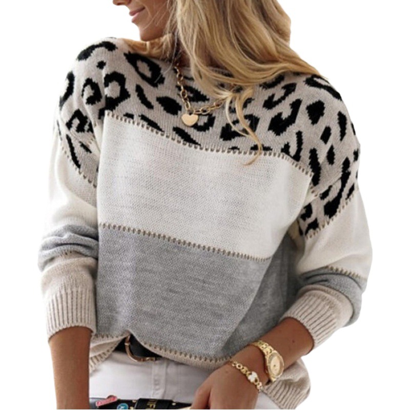 Color Matching Leopard Print Round Neck Casual Sweater Autumn and Winter New Women's Cross-border Sweater Women's Pullover Long Sleeve Base Shirt