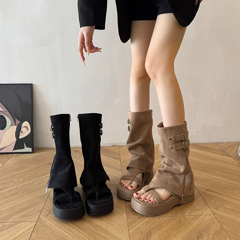 Женские босоножки-шлепанцы на толстой подошве, летняя новинка 2025 года, в стиле ковбойских сапог, с широкими штанинами