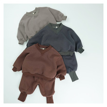 儿童套装冬季新款一体绒V领卫衣男女宝宝加厚束脚裤两件套韩版潮