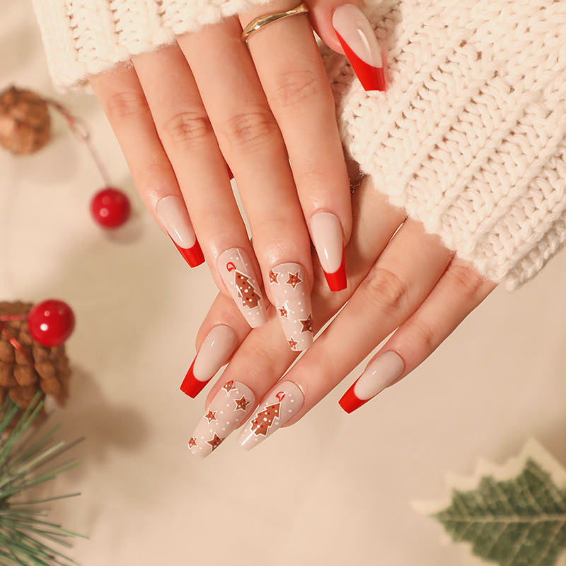 Nail wear nail wholesale simple red edge French Christmas tree stars fake nail piece wholesale nails nail piece