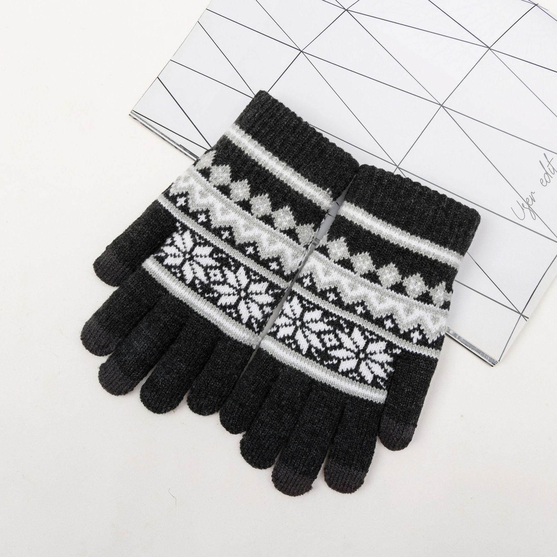 クロスボーダー定番メンズサイクリングアウトドア防寒保温ダブル八角ウールタッチスクリーンジャカードニットグローブ