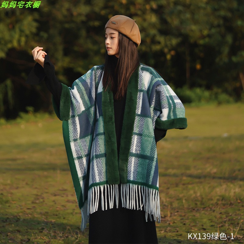 Chaqueta de abrigo de capas de bordas a cuadros franceses de otoño para mujeres con un pequeño chal de lana con una bufalla de abrigo grueso