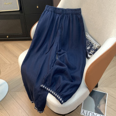 実物写真夏の新しいレトロリネン刺繍ブルマ女性のレースアップ弾性ウエストルーズカジュアルパンツワイドレッグパンツ