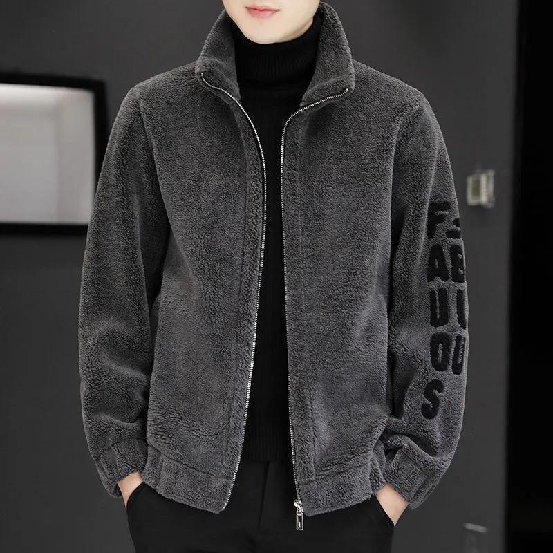 2025 new men's coat autumn and winter warm lamb velvet embroidered sweater one men's coat fleece-lined thick tide