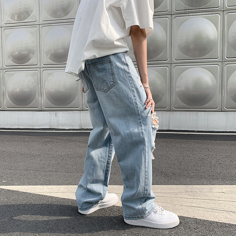 High Street Ripped Jeans for Men, Trendy Hip-Hop Wide-Leg Pants, Summer Thin Straight Loose Dad Pants, Wholesale