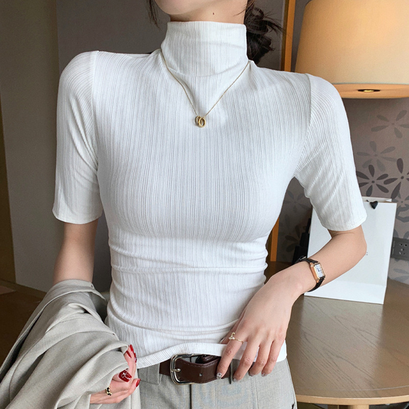 H342 生放送人気半袖 Tシャツ新しい女性のトップスハーフタートルネック五分袖サンシェードボトリングシャツ服女性のための|undefined