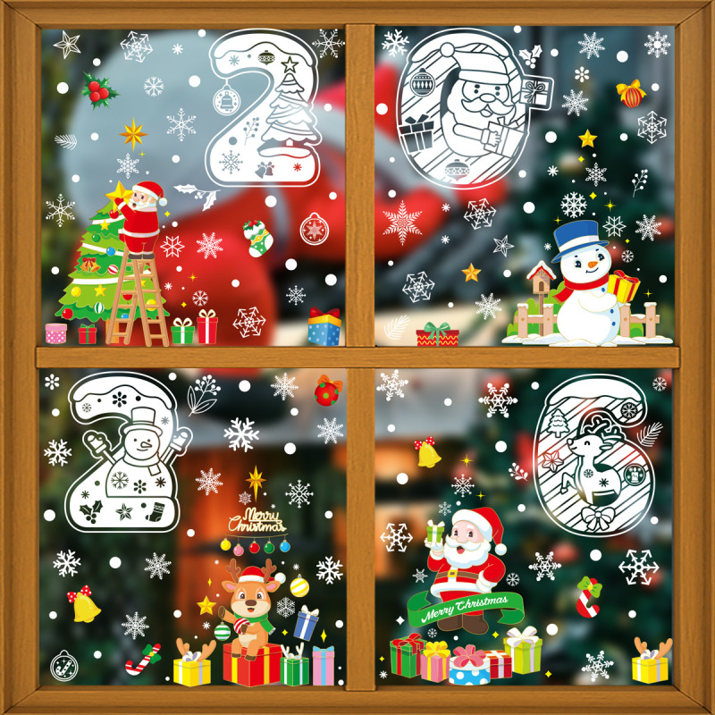 メリークリスマスステッカークリスマス製品ホワイトスノーフレーク静電ステッカーサンタヘラジカ雪だるまウィンドウステッカー卸売|undefined