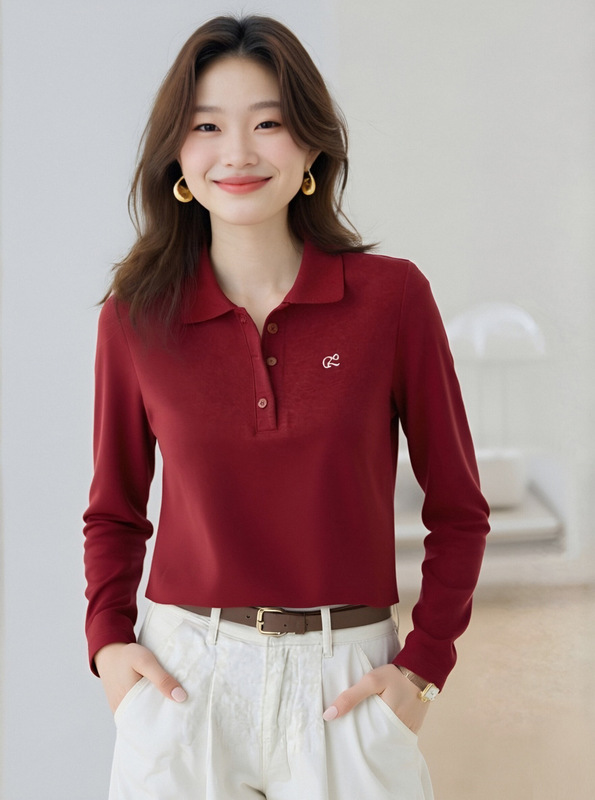正肩休闲翻领长袖衬衫女士春秋新款刺绣polo衫撞色洋气Polo领上衣|undefined