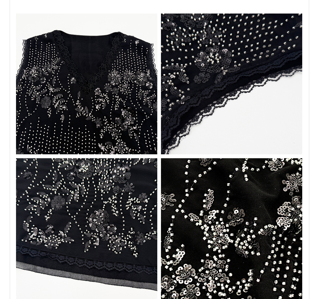 Bộ ba món vest đen, váy nửa và quần dài phong cách Tân Trung Hoa cổ điển, cổ V, thêu sequin — Vest đen, Trang phục [Vest+Half Dress], nửa váy, Quần dài chi tiết 2