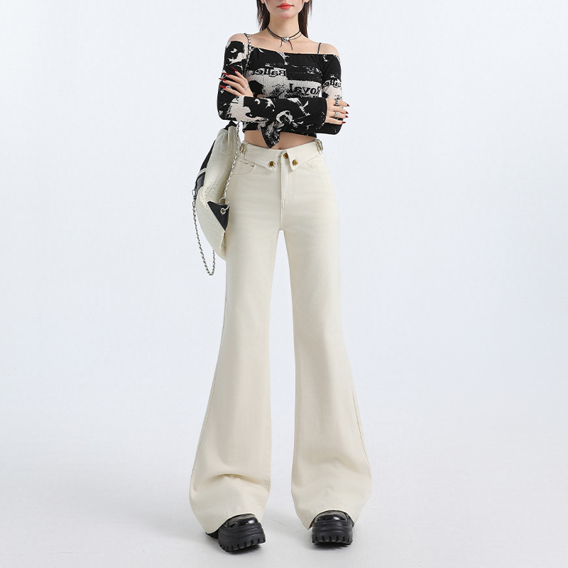 Beige high waist slightly flared jeans for women 2024 early autumn new slim elastic loose drooping small flared pants