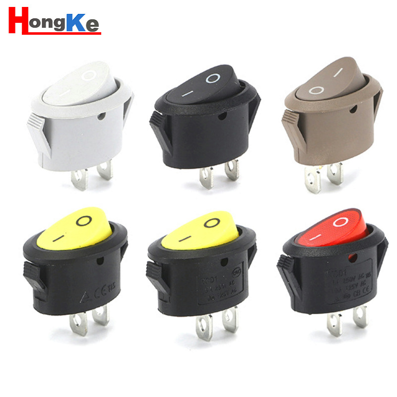 KCD1椭圆二脚船型开关 6A 10A 复位 2档跷板开关 黑色红盖 2脚2档