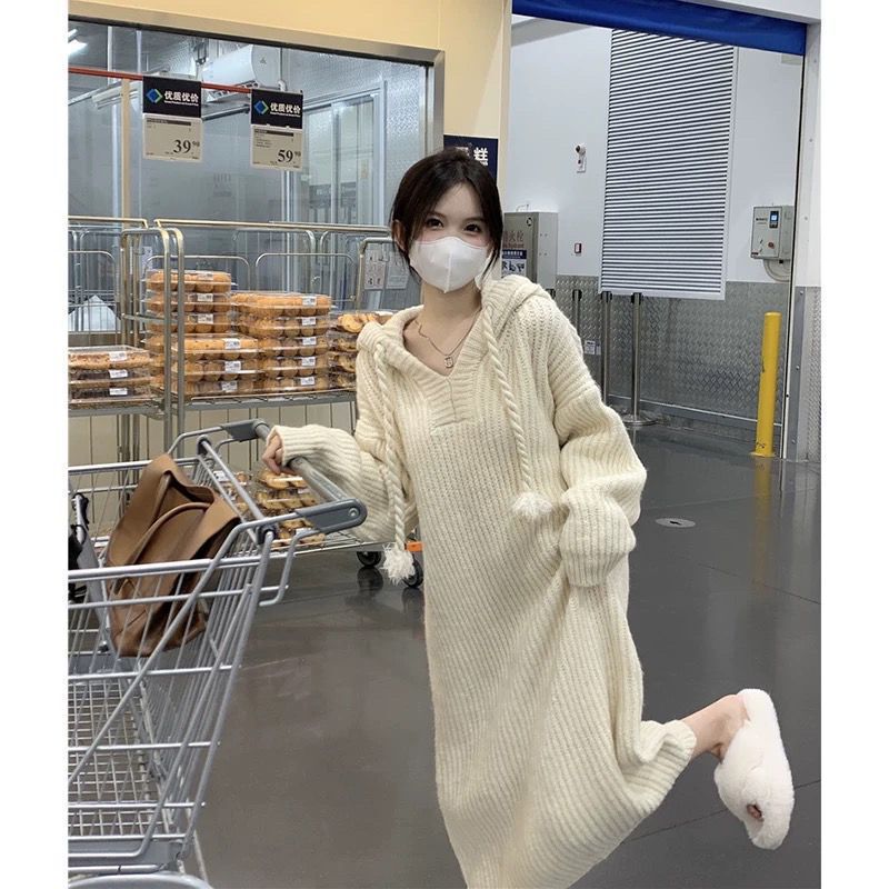 Lazy Style Hooded Long-Sleeved Knitted Dress for Women Autumn and Winter 2025 New Style Covering Belly and Slimming Look Long Knee-Length Skirt Lazy Style Hooded Long-Sleeved Knitted Dress for Women Autumn and Winter 2025 New Style Covering Belly and Slimming Look Long Knee-Length Skirt